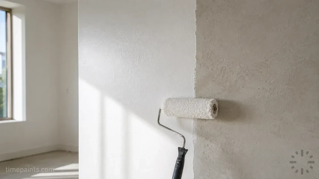 Alkali-resistant primer being applied with a roller to a smooth plastered interior wall