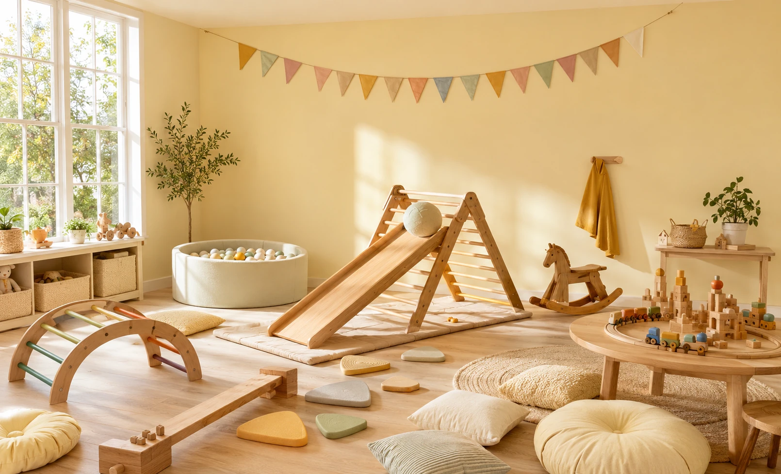 Kids playroom painted in yellow and orange by Time Paints, the Heroes' Playground tale