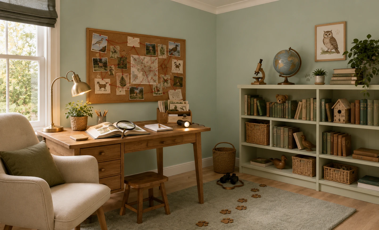 Kids study corner painted in restful green by Time Paints, the Little Detective tale