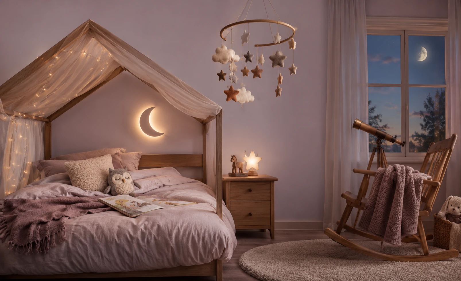 Nursery painted in soft lilac by Time Paints, the Moon Whispers tale