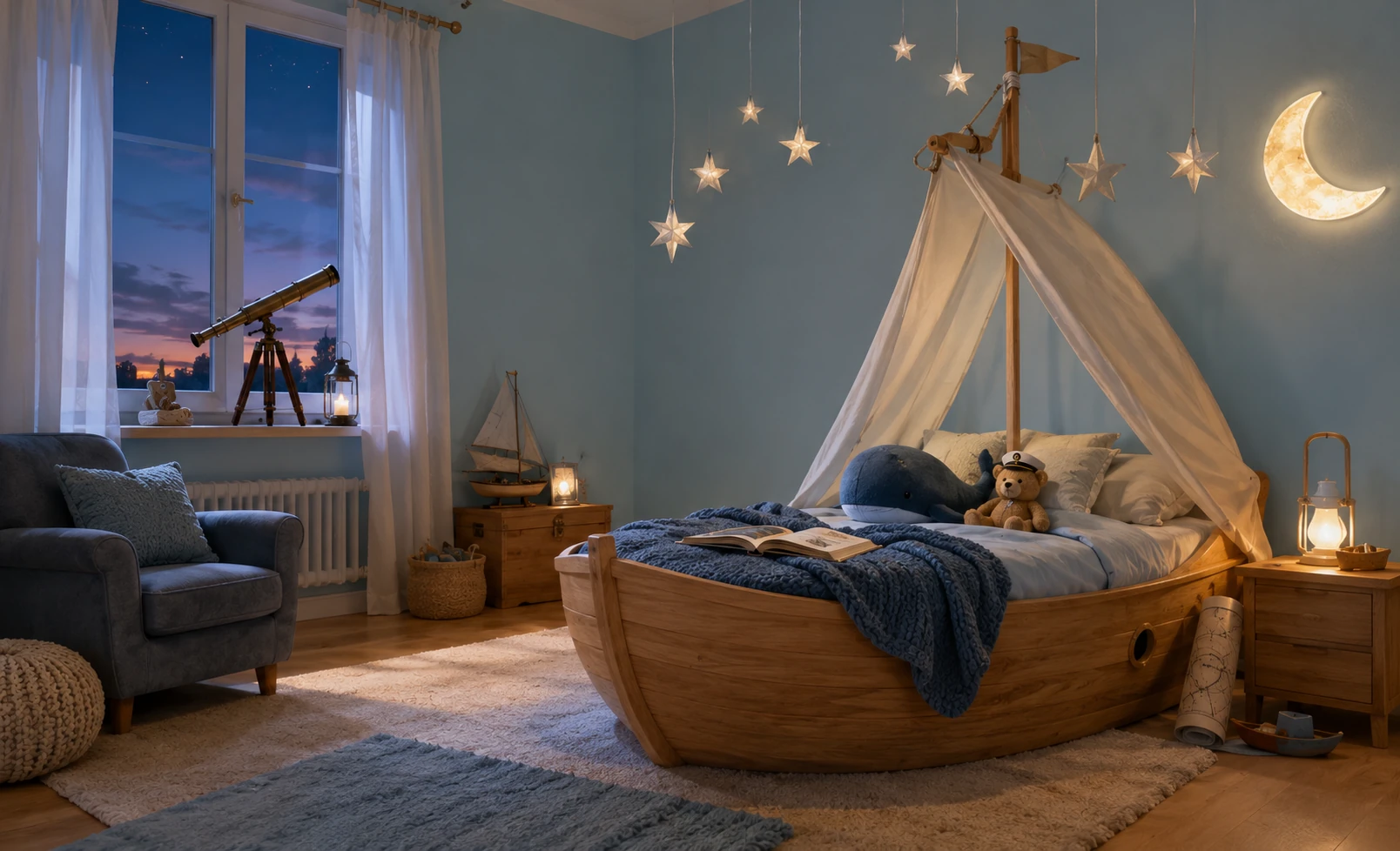 Kids bedroom painted in calm blue by Time Paints, the Star Voyage tale