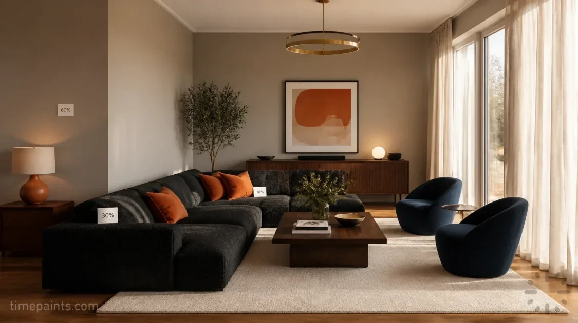 Living room demonstrating 60-30-10 color distribution with labeled zones