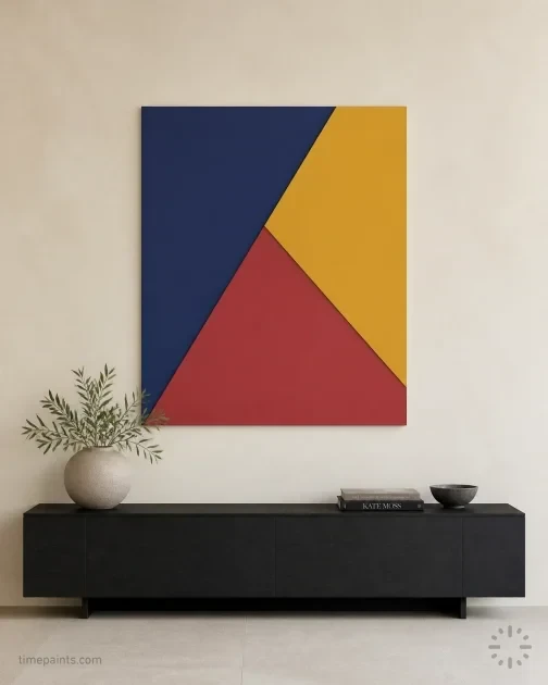 Color wheel emphasizing a triadic scheme with triangle-mapped paint colors