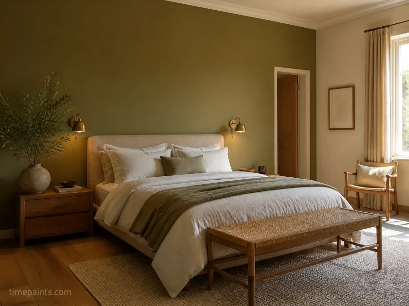Bedroom with a muted desert-green accent wall, a 2026 Saudi color trend