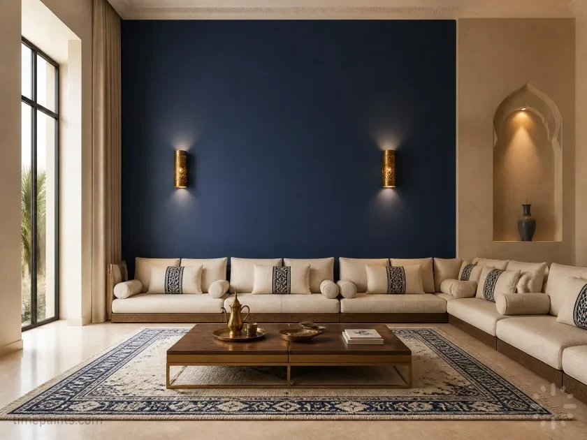 Majlis with a deep indigo-blue feature wall, the 2026 deep-blue trend